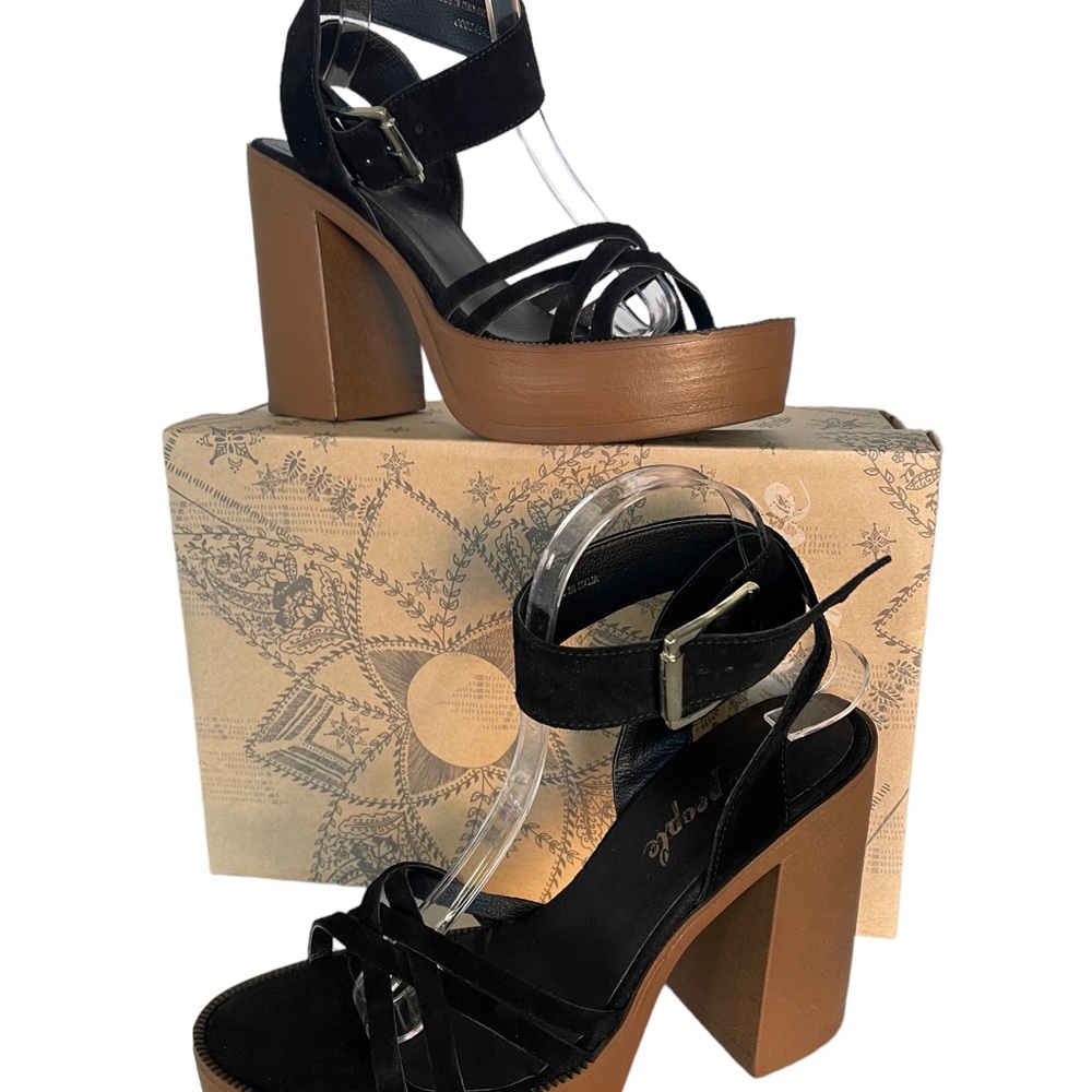 Free People Laney Suede Platform Block Heel Sandals Neutral Tone Size 39 US 8.5 - Picture 7 of 10